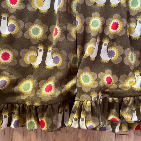 EUC Orla Kiely Colorful Birds Peacock Chicken Olive Green 100% Silk Twill Skirt﻿